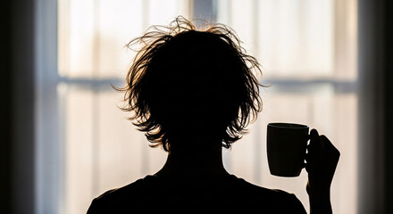 Silhouette of a person with messy hair holding a cup of coffee in front of a window at dawn