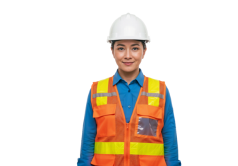 Young woman wearing safety gear smiles in a bright construction vest and helmet against a white background