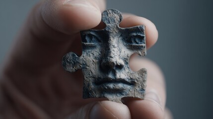Puzzle piece with sculpted human face held between fingers against neutral background, detailed texture evokes mystery and surreal emotion, concept of identity and incompleteness