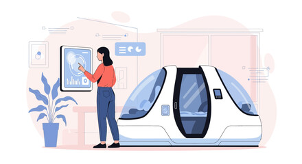 Futuristic wellness pod control interface with woman navigating touchscreen interface to manage