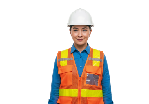 Young woman wearing safety gear smiles in a bright construction vest and helmet against a white background