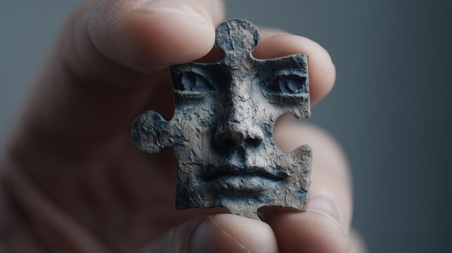 Puzzle piece with sculpted human face held between fingers against neutral background, detailed texture evokes mystery and surreal emotion, concept of identity and incompleteness