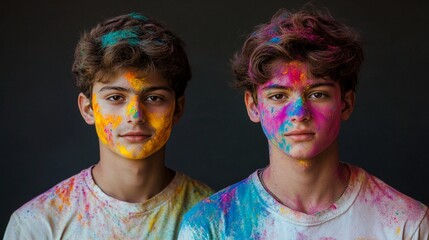 Obraz premium Vibrant portrait of two young individuals covered in colorful powder paint, celebrating creativity and artistic expression against a dark background