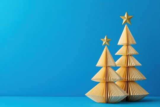 Two stylized paper Christmas trees with golden stars sit against a bright blue background - Powered by Adobe