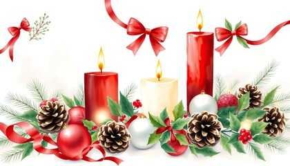 New Year's red candles among pine needles, cones and golden balls. Warm light, festive mood, background for postcards and seasonal advertising