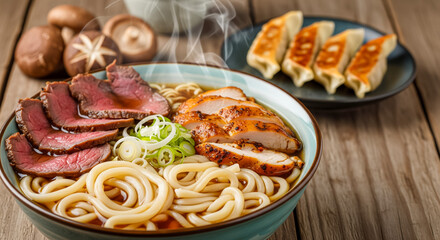 Traditional ramen with jerked pork or chicken. With udon or ramen noodles. Served in classic bowls. Gyoza dumplings and mushrooms in the background. Natural wooden background.