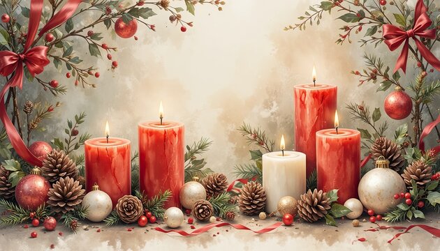New Year's red candles among pine needles, cones and golden balls. Warm light, festive mood, background for postcards and seasonal advertising