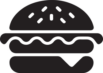 Simple Black and White Hamburger Icon with Sesame Seeds and Cheese, Vector Illustration