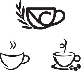 Stylish Coffee Cup Icons Featuring Steam and Organic Elements