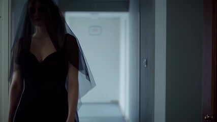 Woman in black dress and veil stands in a hallway between dark doorways, ominous and mysterious - Powered by Adobe
