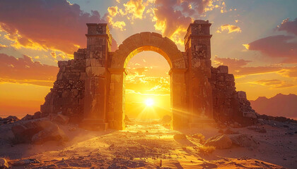 Ancient stone archway, mystical portal in desert landscape at sunrise, golden light, weathered ruins.