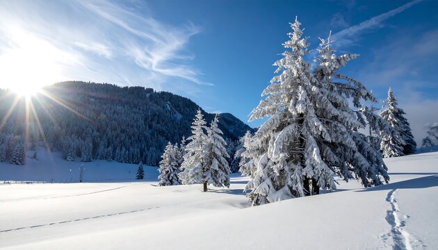 Pristine winter landscape with snow-covered trees and mountain range under a bright blue sky