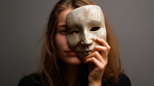 Young woman with long hair holding a weathered theatrical mask in front of half her face, neutral gray background and soft lighting enhance emotional contrast between her real self and symbolic facade