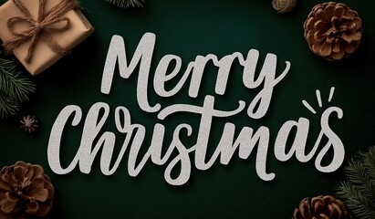 Festive and elegant Merry Christmas lettering in bold sparkly script on a dark green background with pine cones and gifts scattered around