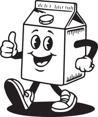 Milk Carton Mascot with Thumbs Up and Walking Legs in Black and White