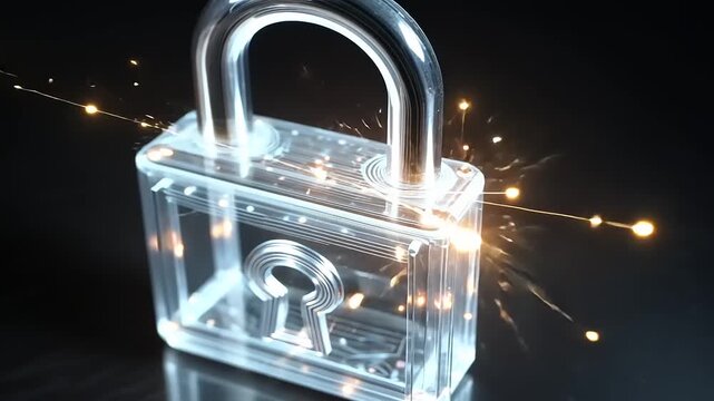 Transparent padlock on a dark reflective surface, showcasing security and protection themes