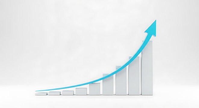 A captivating 3d render showcases a dynamic bar graph with an ascending blue arrow, symbolizing growth, progress, and positive trends, isolated on white background a visual representation of success