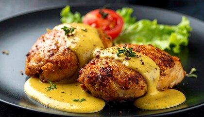 Gourmet chicken dish with creamy sauce, fresh vegetables, and aesthetic plate presentation