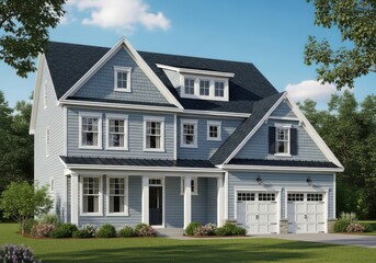 Modern gray two story family home with attached garage isolated on white and sky blue background