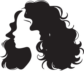 Silhouette of two women with beautiful hair, symbolizing love, beauty, and togetherness, in a simple design