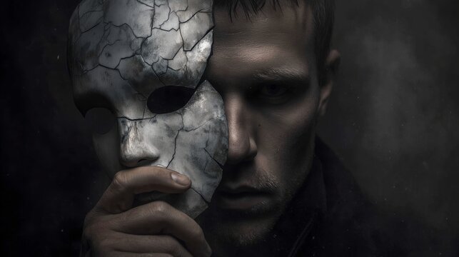 Man holding cracked metallic mask covering half of his face, other half revealed with intense gaze, dark foggy background, low dramatic lighting, gothic mystery atmosphere