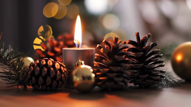 A lit candle with blurred golden bokeh, surrounded by pine cones, ornaments and evergreen branches