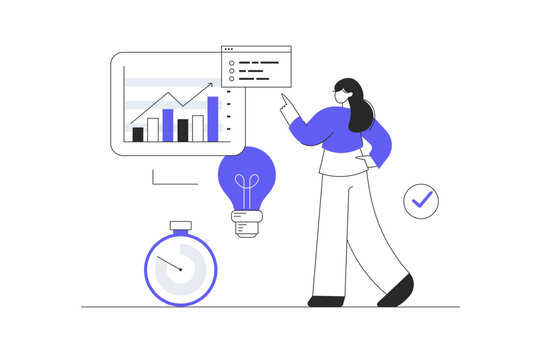 Finding ideas, solutions, brainstorming process. Woman solved a problem that arose during work. Light bulb. Flat Cartoon Vector Illustration, icon Stylish abstract design landing page web