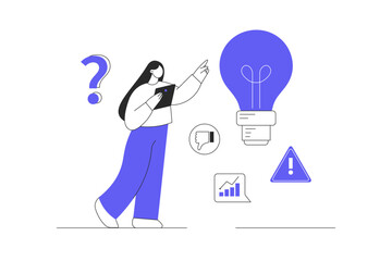 Finding ideas, solutions. Brainstorming and trying to find inspiration. Unsuccessful entrepreneur businesswoman. Flat Cartoon Vector Illustration, icon Stylish abstract design landing page web