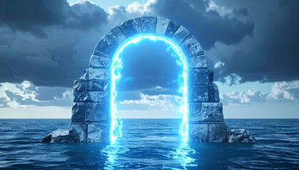 Ancient stone ethereal archway rising from tranquil waters, powerful glowing blue energy portal