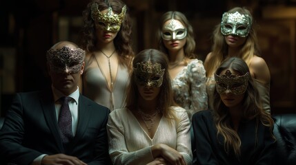 Group of six elegant people wearing ornate masquerade masks in dimly lit luxurious setting, dressed in formal attire, evoking mystery, power and secret society atmosphere