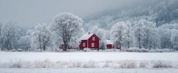 A charming red house nestled amidst snowy trees in a winter landscape, serene and picturesque