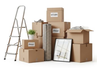 Moving boxes and ladder stacked together isolated on white background