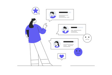 Customer reviews, feedback page. Woman reading user experience comments and client satisfaction rating. Flat Cartoon Vector Illustration, icon Stylish abstract design landing page web