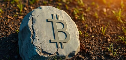 Gravestone shaped like a  cryptocurrency symbol, weathered and cracked,   endgame,  loss