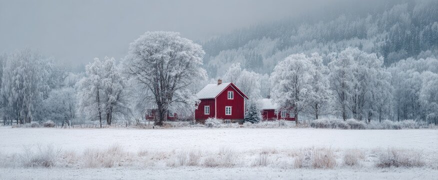 A charming red house nestled amidst snowy trees in a winter landscape, serene and picturesque