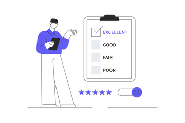 Feedback concept. Man Character fills out questionnaire form and gives excellent mark. Customer satisfaction ranking. Flat Cartoon Vector Illustration, icon Stylish abstract design landing page web