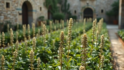 hyssop. Serene herb garden in an ancient monastery courtyard with dew. event programs, museum guides, cultural reports, designed for cultural heritage projects and event programs, used by professors.