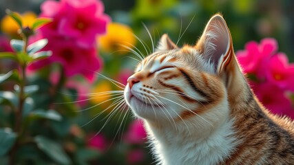 A serene tabby cat with closed eyes basks in the sunlight, surrounded by vibrant pink and yellow flowers in a peaceful garden scene, enjoying nature's beauty.
