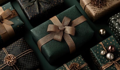 A collection of beautifully wrapped Christmas gifts arranged on an elegant dark green background with golden accents and intricate patterns