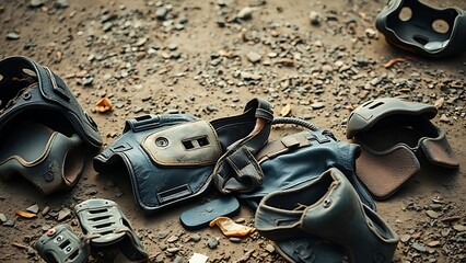 stunt. Damaged protective gear scattered on the ground, worn and torn textures. event key visuals, club posters, designed for fitness apps and gym onboarding, used by sports marketers.