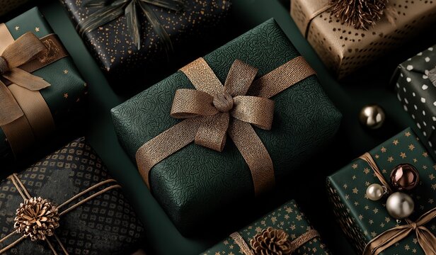 A collection of beautifully wrapped Christmas gifts arranged on an elegant dark green background with golden accents and intricate patterns