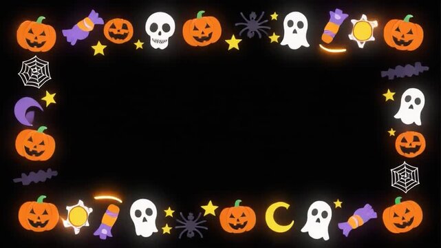 Halloween themed border with pumpkins ghosts spiders and candy on a black background frame