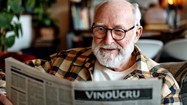A smiling elderly man with a white beard and glasses reads a newspaper indoors, looking happy and relaxed.