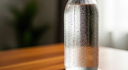 Close up of a water bottle with condensation on a wooden surface indoors