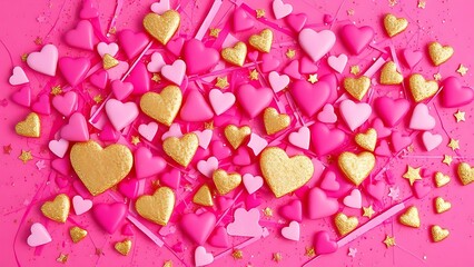 chaos. Pink and gold glitter composition with heart shapes. lifestyle magazines, social media lookbooks, designed for lifestyle magazines and social media content, used by it administrators.