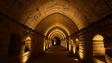 catacomb. An ancient stone tunnel with an arched ceiling and carved wall niches. real-estate listings, architecture portfolios, designed for real-estate listing and luxury residence showcases.
