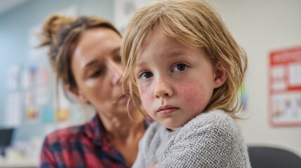 Emotional portrait of a child with a concerned adult in the background, capturing a moment of vulnerability and support in a classroom or learning environment