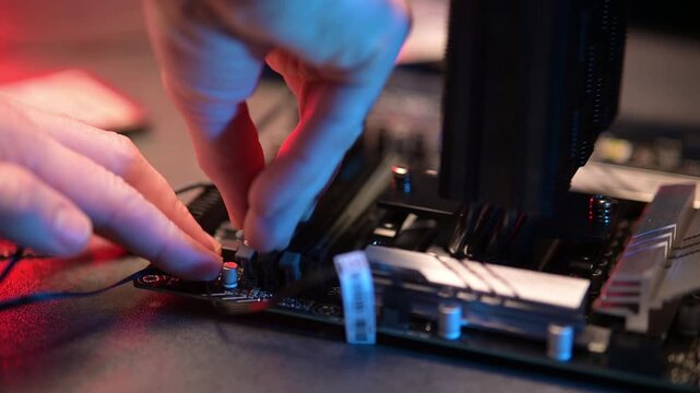 Installing Memory Ram Computer Motherboard. Technician Engineer Repair Laptop Computer. Repair Desktop PC Maintenance. Upgrade DDR Random Access Memory.Desktop Computer Hardware.