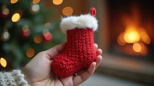 Una delicada mano sostiene un peque&ntilde;o calcet&iacute;n navide&ntilde;o de lana roja, adornado con ribete de piel blanca, envuelto en un c&aacute;lido ambiente festivo