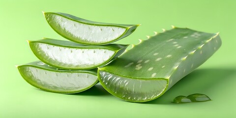 Experience the soothing touch of vibrant aloe vera slices, a natural remedy for skin hydration and wellness on a refreshing green backdrop